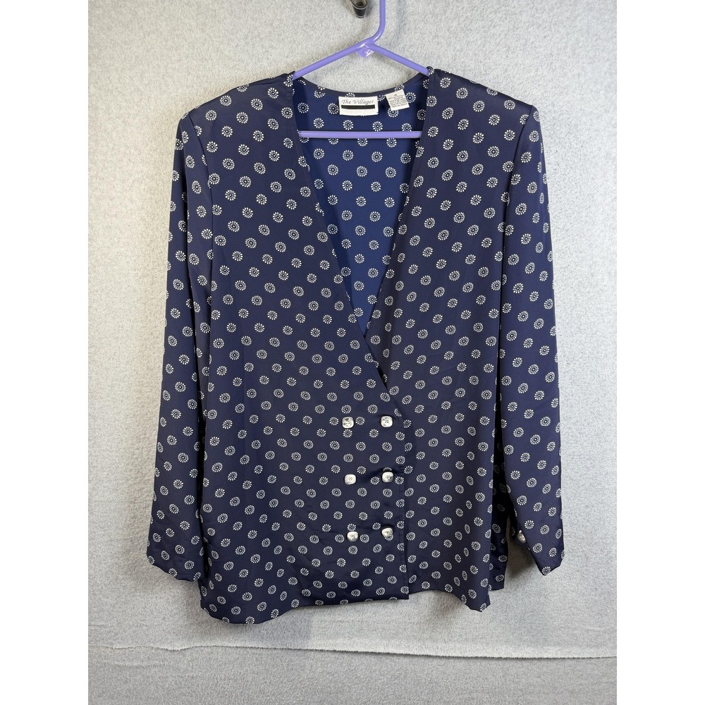 The Villager Blouse Womens 16 Blue Polka Dot V Neck Long Sleeve Tunic Top